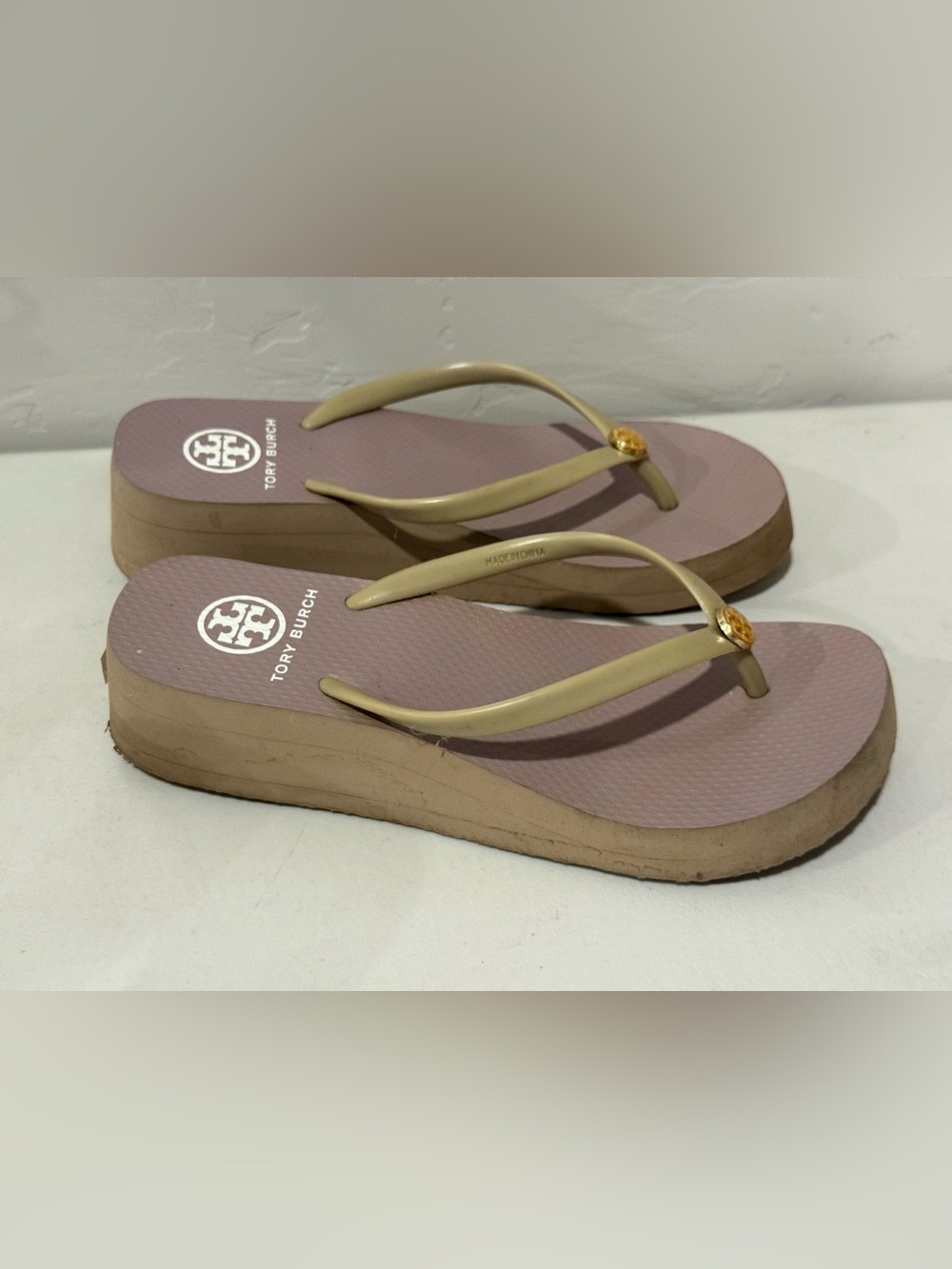 Tory Burch Beige-Strap Pink Tan Footbed Platform Sandals Sz 7 M - Picture 3 of 7